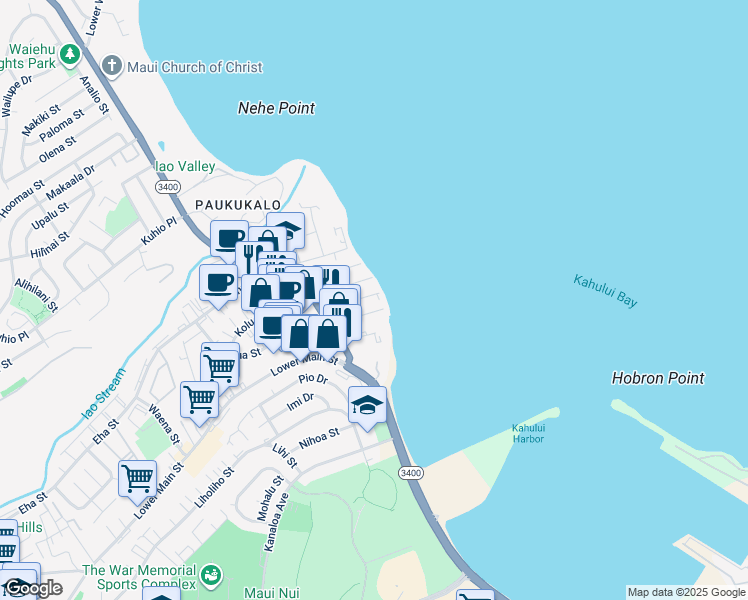 map of restaurants, bars, coffee shops, grocery stores, and more near 575 Linekona Place in Wailuku