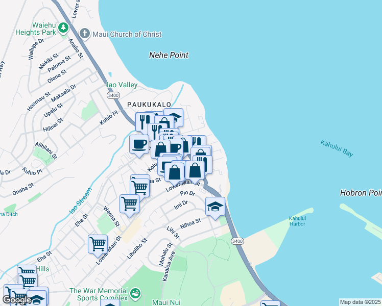 map of restaurants, bars, coffee shops, grocery stores, and more near 358 Waiehu Beach Road in Wailuku