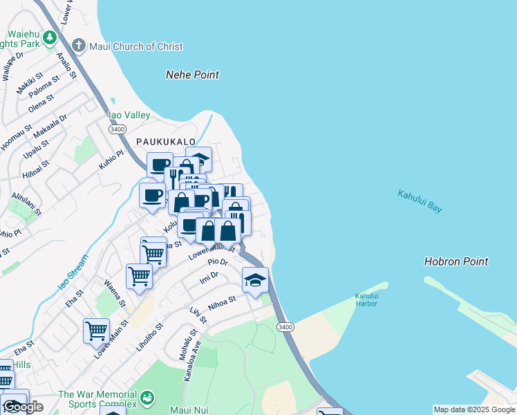 map of restaurants, bars, coffee shops, grocery stores, and more near 575 Linekona Place in Wailuku