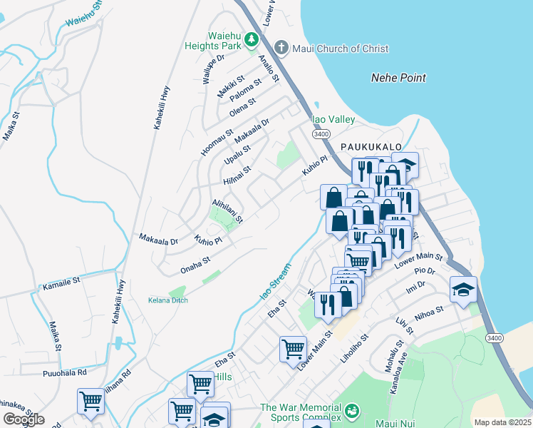 map of restaurants, bars, coffee shops, grocery stores, and more near 70 Kapi Lane in Wailuku