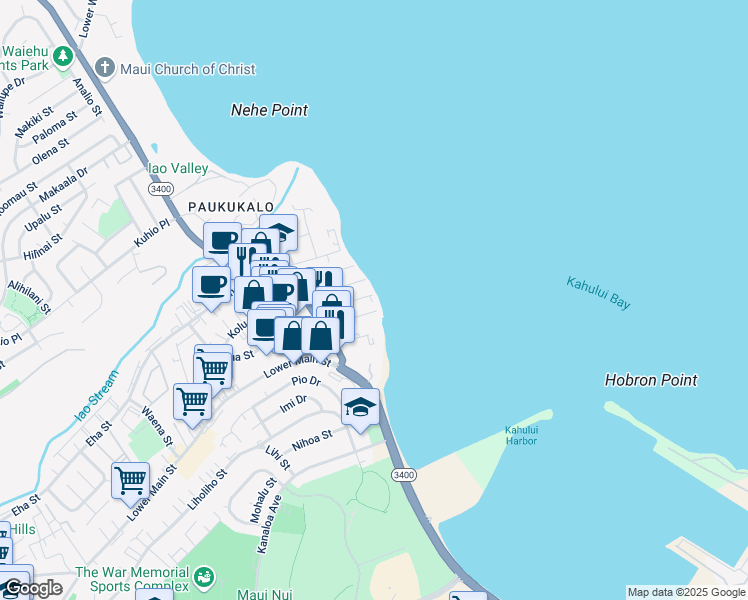 map of restaurants, bars, coffee shops, grocery stores, and more near 517 Kaikoo Street in Wailuku