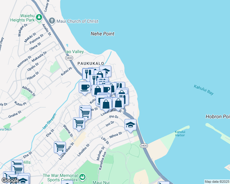 map of restaurants, bars, coffee shops, grocery stores, and more near 372 Waiehu Beach Road in Wailuku
