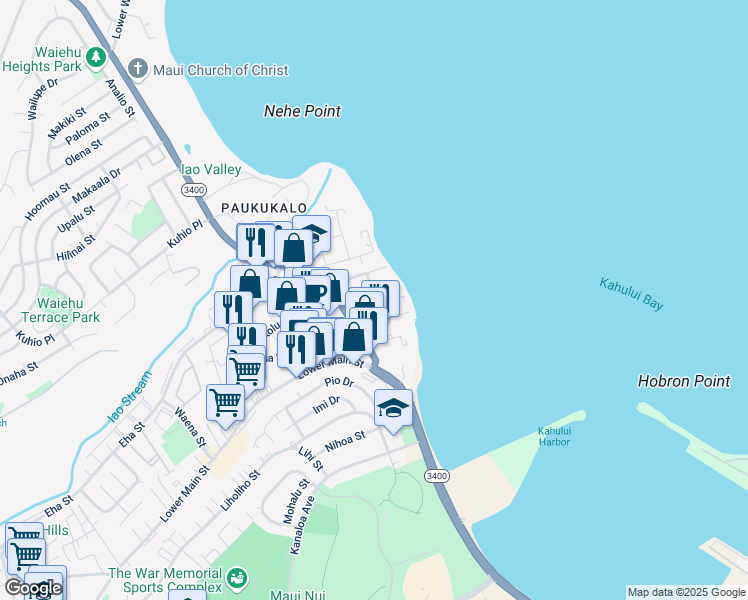 map of restaurants, bars, coffee shops, grocery stores, and more near 612 Linekona Place in Wailuku