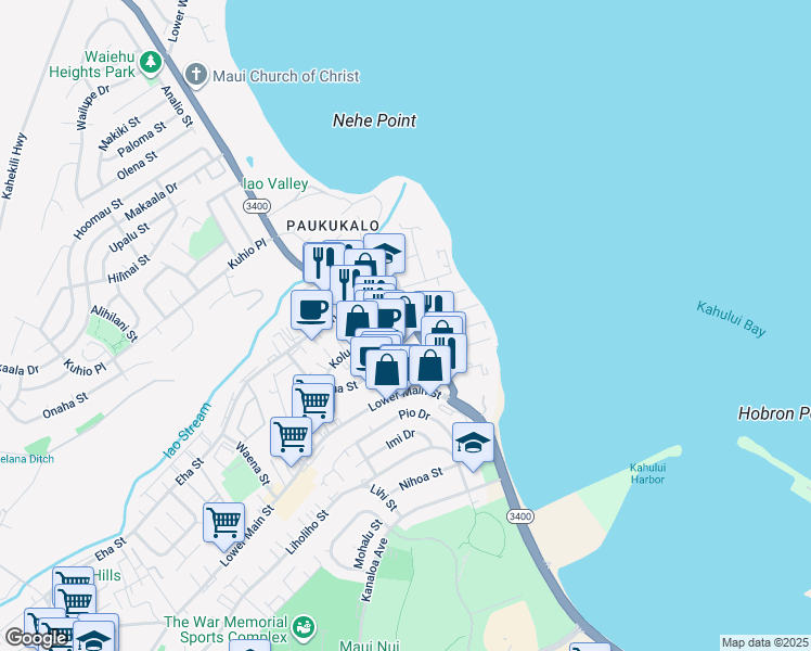 map of restaurants, bars, coffee shops, grocery stores, and more near 371 Waiehu Beach Road in Wailuku