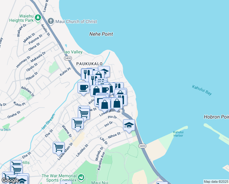 map of restaurants, bars, coffee shops, grocery stores, and more near 372 Waiehu Beach Road in Wailuku