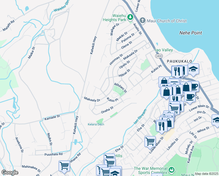 map of restaurants, bars, coffee shops, grocery stores, and more near 1047 Hoomau Street in Wailuku