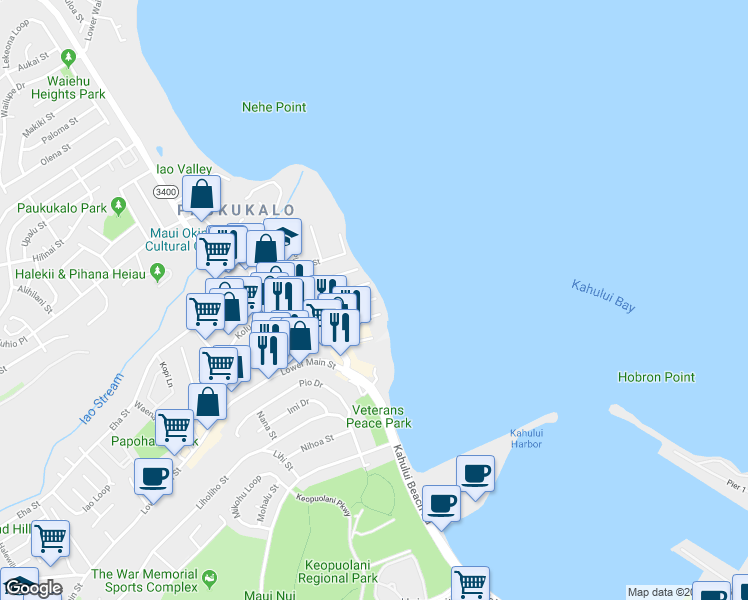 map of restaurants, bars, coffee shops, grocery stores, and more near 545 Linekona Street in Wailuku