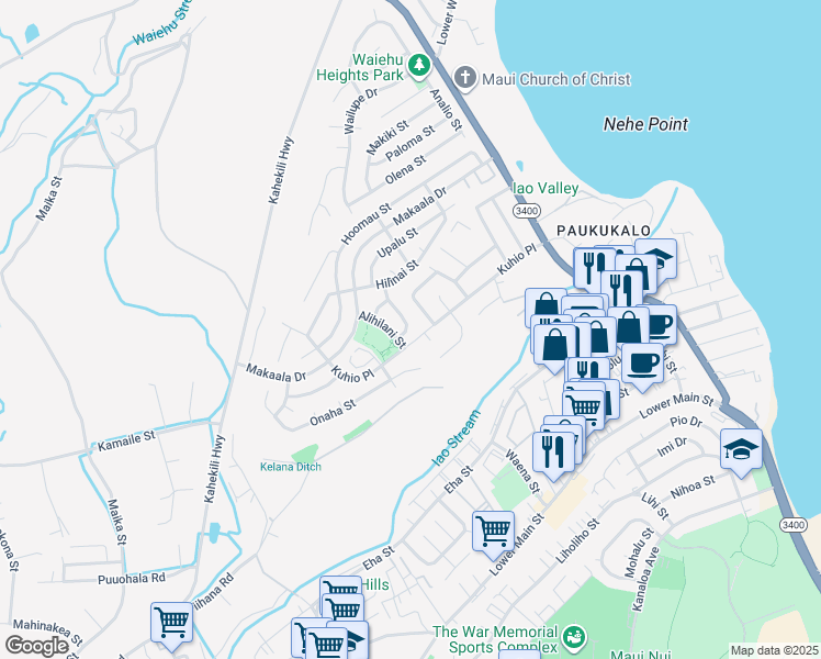 map of restaurants, bars, coffee shops, grocery stores, and more near 1059 Laelae Street in Wailuku