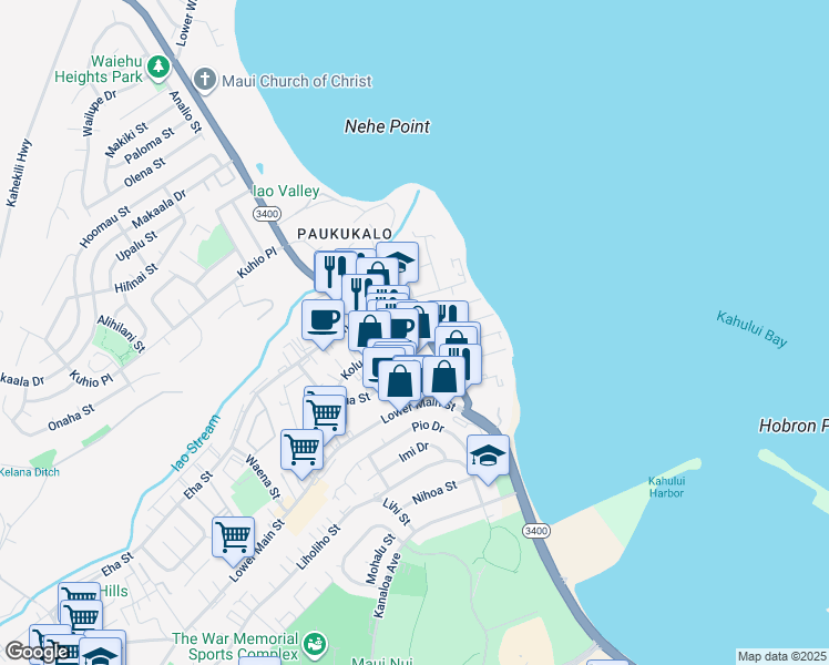 map of restaurants, bars, coffee shops, grocery stores, and more near 381 Waiehu Beach Road in Wailuku