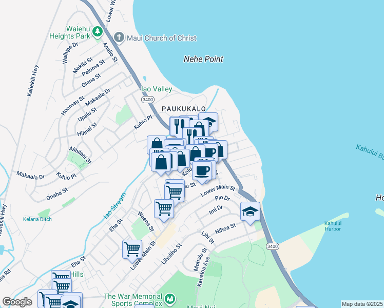 map of restaurants, bars, coffee shops, grocery stores, and more near 401 Hookahi Street in Wailuku