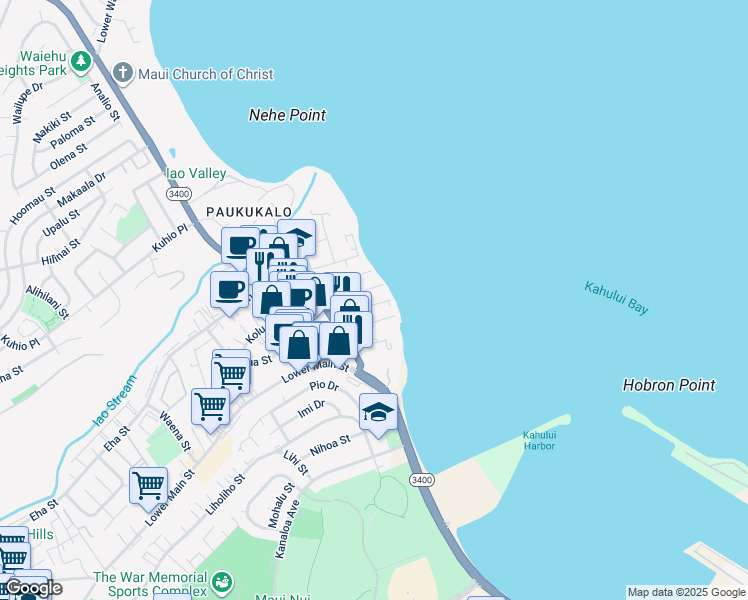 map of restaurants, bars, coffee shops, grocery stores, and more near 592 Linekona Place in Wailuku