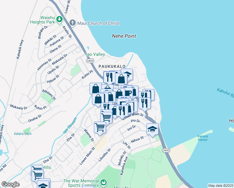 map of restaurants, bars, coffee shops, grocery stores, and more near 401 Hookahi Street in Wailuku