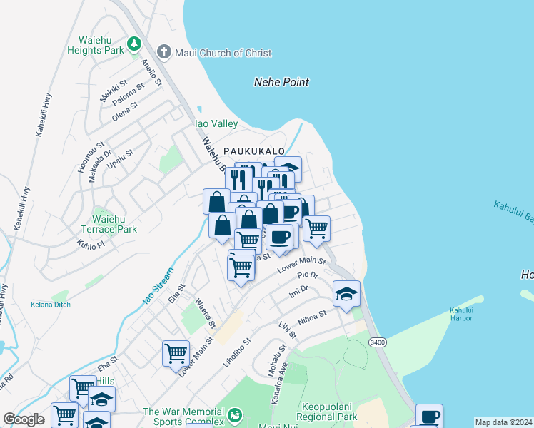 map of restaurants, bars, coffee shops, grocery stores, and more near 401 Hookahi Street in Wailuku