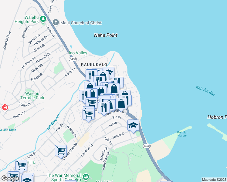 map of restaurants, bars, coffee shops, grocery stores, and more near 371 Waiehu Beach Road in Wailuku