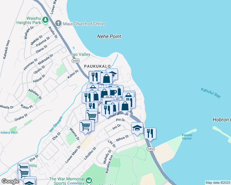 map of restaurants, bars, coffee shops, grocery stores, and more near 391 Waiehu Beach Road in Wailuku