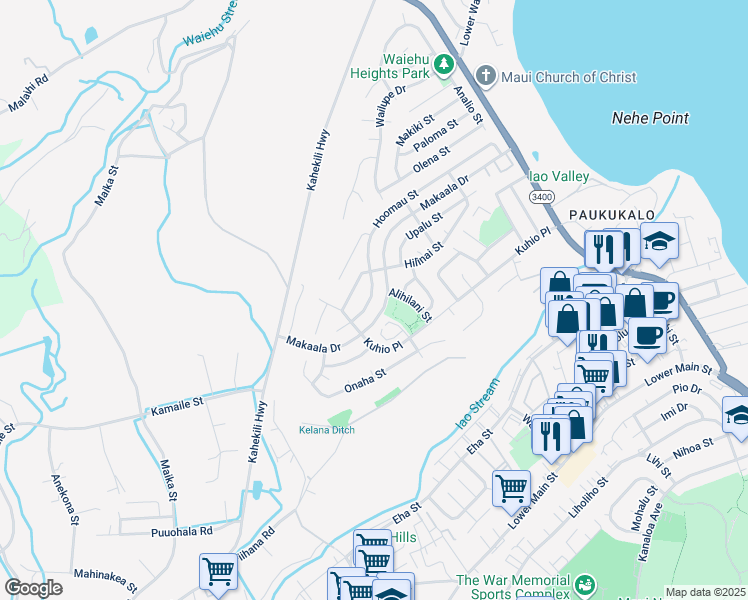map of restaurants, bars, coffee shops, grocery stores, and more near 1047 Hoomau Street in Wailuku