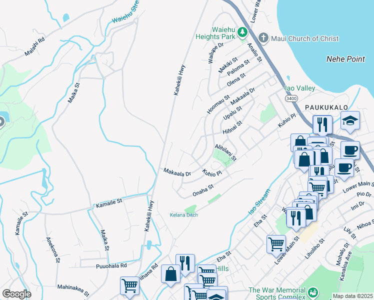 map of restaurants, bars, coffee shops, grocery stores, and more near 1098 Kuhio Place in Wailuku