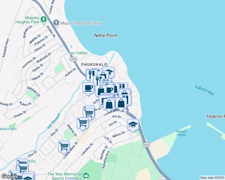 map of restaurants, bars, coffee shops, grocery stores, and more near 381 Waiehu Beach Road in Wailuku