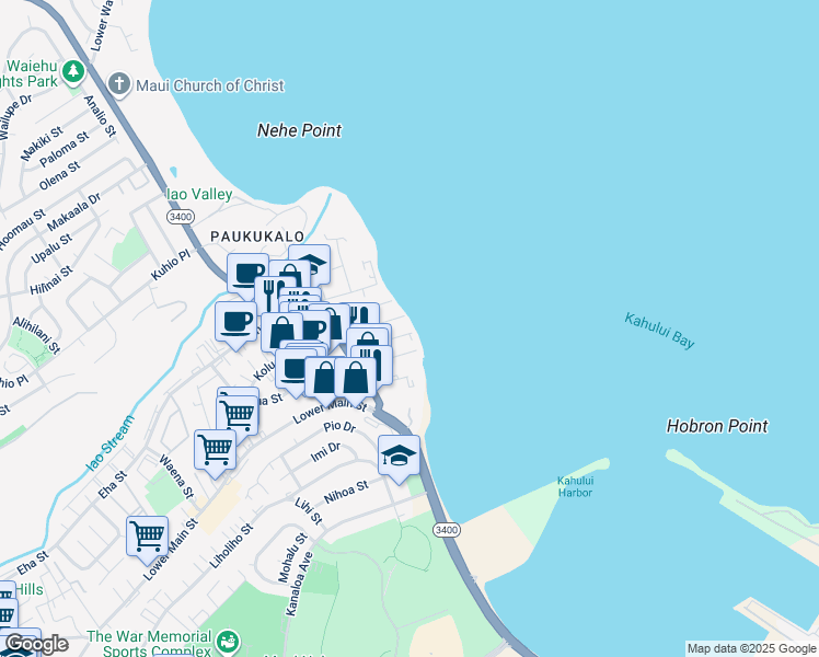 map of restaurants, bars, coffee shops, grocery stores, and more near 546 Linekona Place in Wailuku