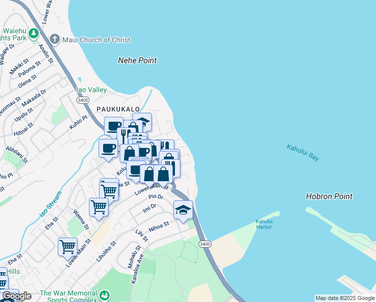 map of restaurants, bars, coffee shops, grocery stores, and more near 546 Linekona Place in Wailuku