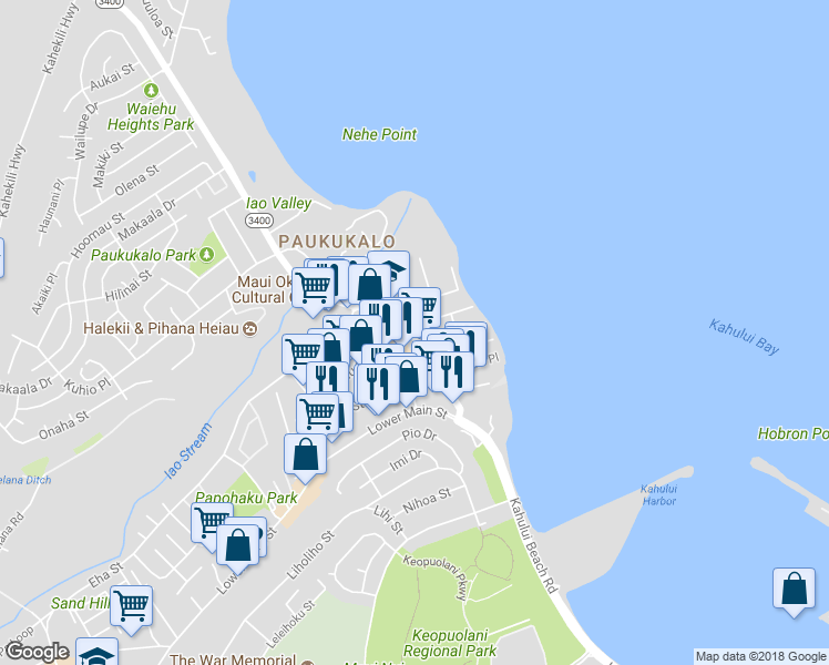 map of restaurants, bars, coffee shops, grocery stores, and more near 390 Waiehu Beach Road in Wailuku