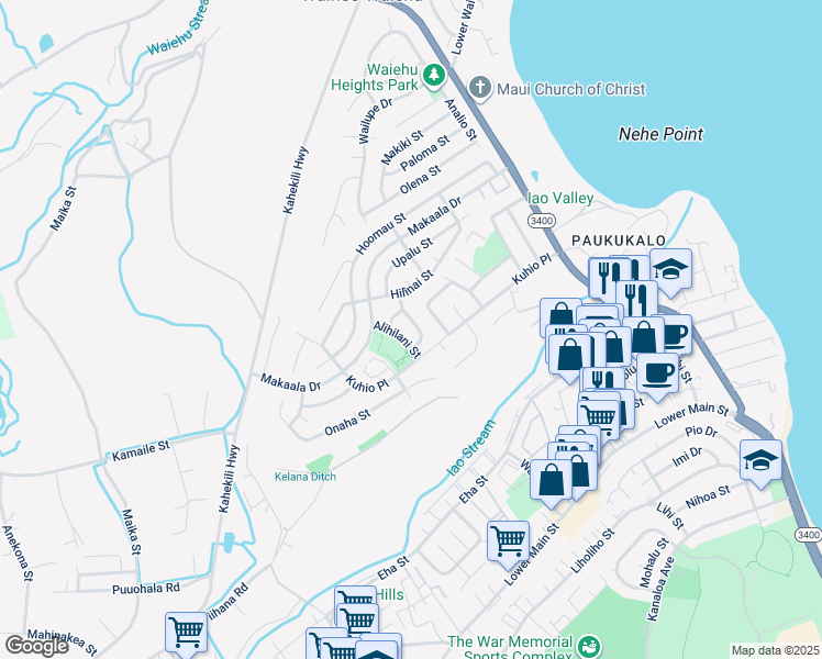 map of restaurants, bars, coffee shops, grocery stores, and more near 1034 Laelae Street in Wailuku