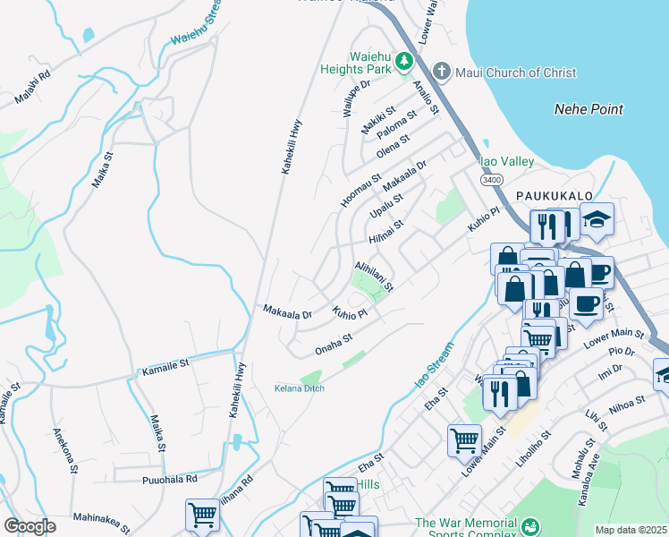 map of restaurants, bars, coffee shops, grocery stores, and more near 1024 Hoomau Street in Wailuku