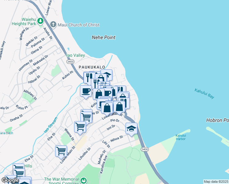 map of restaurants, bars, coffee shops, grocery stores, and more near 390 Waiehu Beach Road in Wailuku