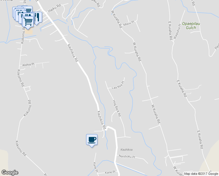 map of restaurants, bars, coffee shops, grocery stores, and more near 0 Laa Kea Place in Haiku-Pauwela