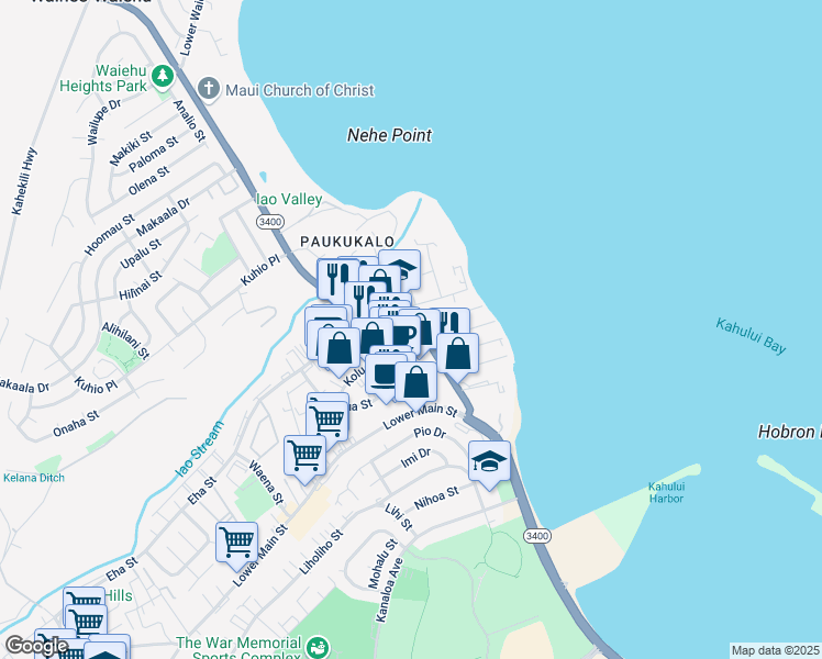 map of restaurants, bars, coffee shops, grocery stores, and more near 391 Waiehu Beach Road in Wailuku