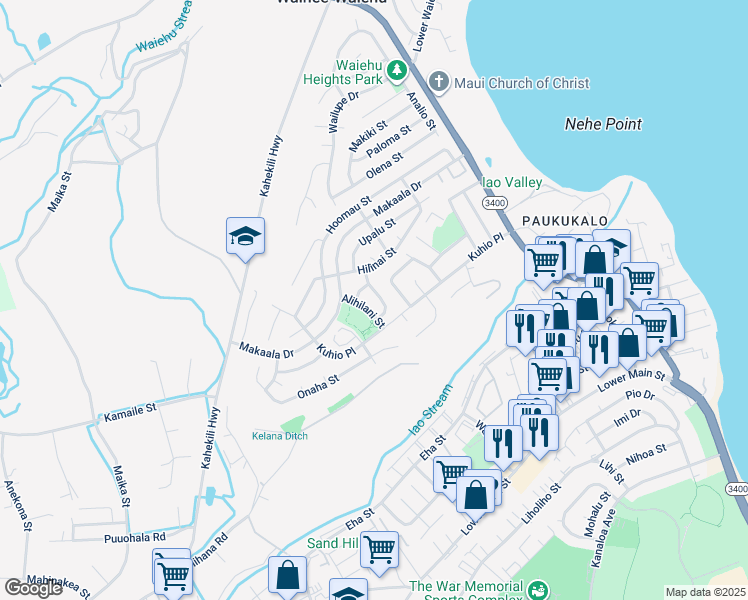 map of restaurants, bars, coffee shops, grocery stores, and more near 1034 Laelae Street in Wailuku