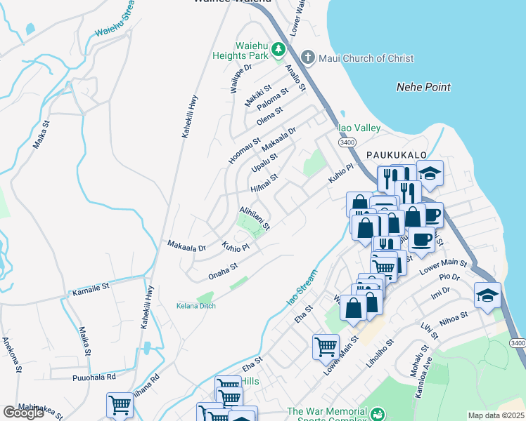 map of restaurants, bars, coffee shops, grocery stores, and more near 1034 Laelae Street in Wailuku
