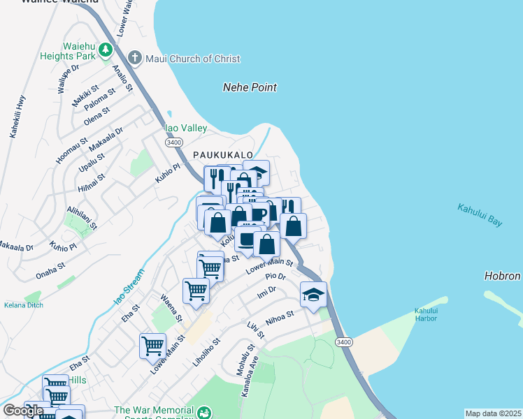 map of restaurants, bars, coffee shops, grocery stores, and more near 409 Waiehu Beach Road in Wailuku