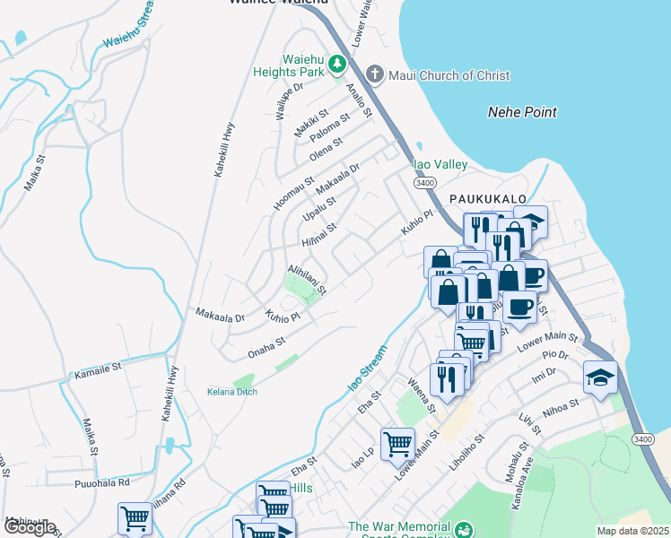 map of restaurants, bars, coffee shops, grocery stores, and more near 623 Pohala Street in Wailuku