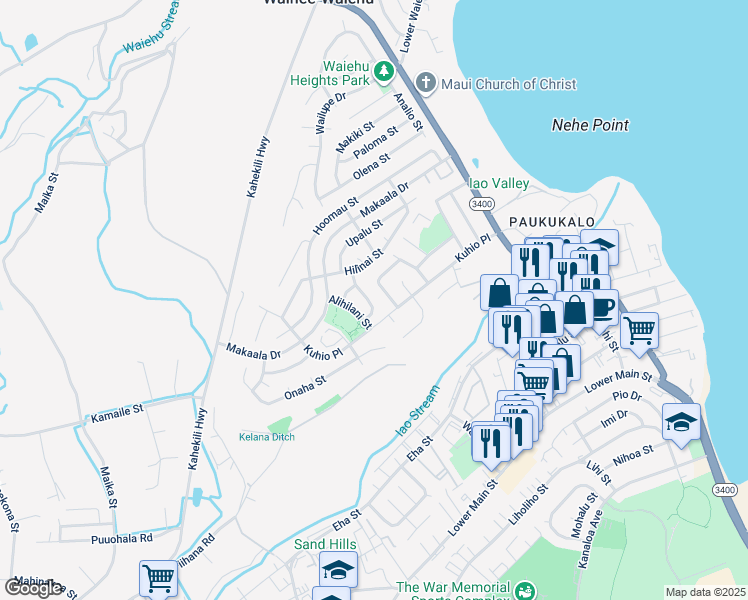 map of restaurants, bars, coffee shops, grocery stores, and more near 1043 Laelae Street in Wailuku