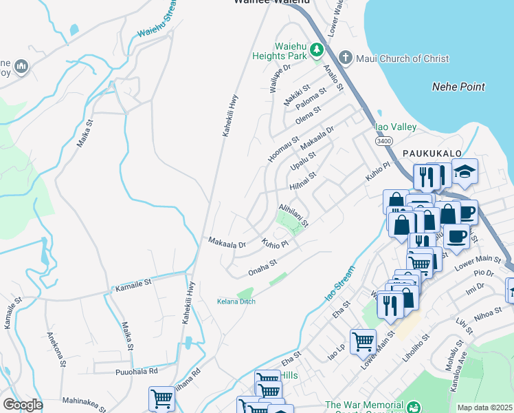 map of restaurants, bars, coffee shops, grocery stores, and more near 490 Hilinai Street in Wailuku