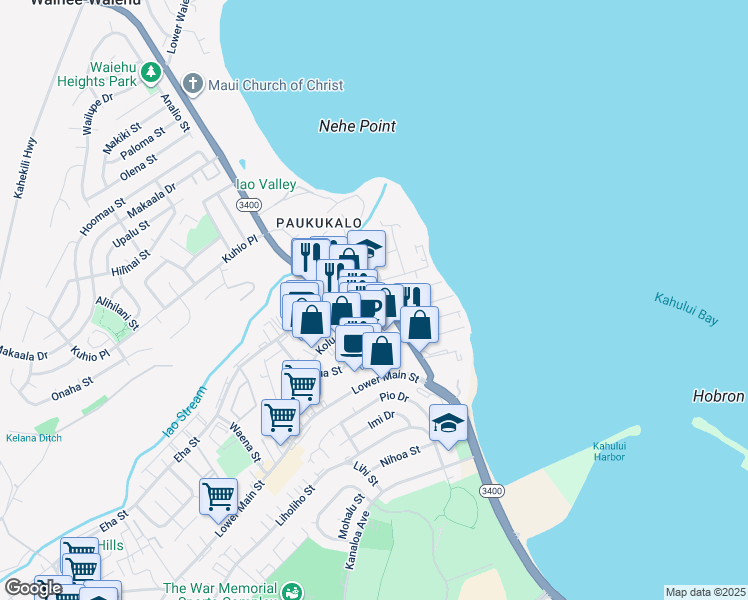 map of restaurants, bars, coffee shops, grocery stores, and more near 409 Waiehu Beach Road in Wailuku