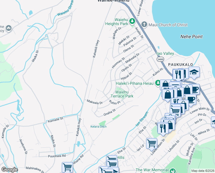 map of restaurants, bars, coffee shops, grocery stores, and more near 490 Hilinai Street in Wailuku