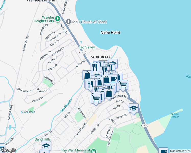map of restaurants, bars, coffee shops, grocery stores, and more near 800 Eha Street in Wailuku