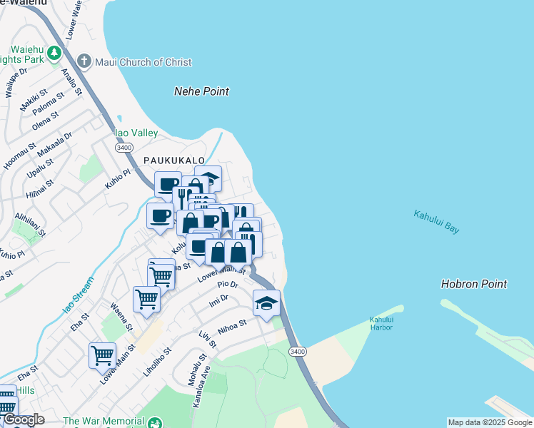 map of restaurants, bars, coffee shops, grocery stores, and more near 529 Kaikoo Street in Wailuku