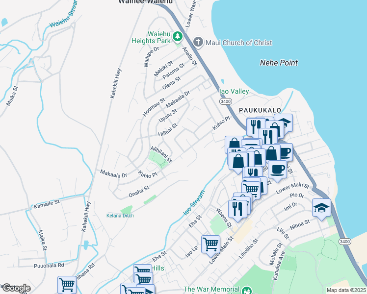 map of restaurants, bars, coffee shops, grocery stores, and more near 623 Pohala Street in Wailuku