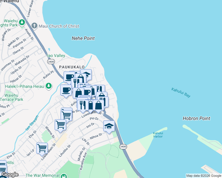 map of restaurants, bars, coffee shops, grocery stores, and more near 517 Kaikoo Street in Wailuku