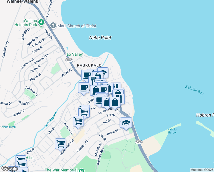 map of restaurants, bars, coffee shops, grocery stores, and more near 410 Waiehu Beach Road in Wailuku