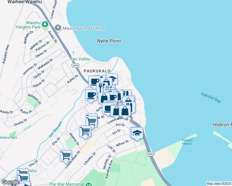 map of restaurants, bars, coffee shops, grocery stores, and more near 410 Waiehu Beach Road in Wailuku