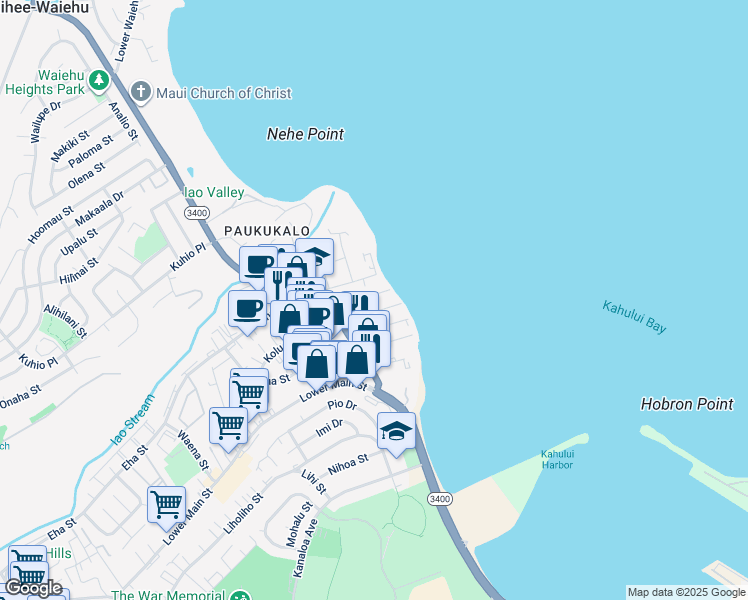 map of restaurants, bars, coffee shops, grocery stores, and more near 390 Kaiuli Street in Wailuku