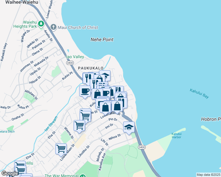map of restaurants, bars, coffee shops, grocery stores, and more near 408 Waiehu Beach Road in Wailuku