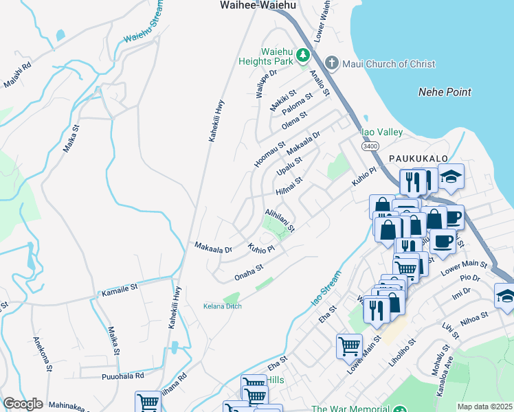 map of restaurants, bars, coffee shops, grocery stores, and more near 1005 Hoomau Street in Wailuku