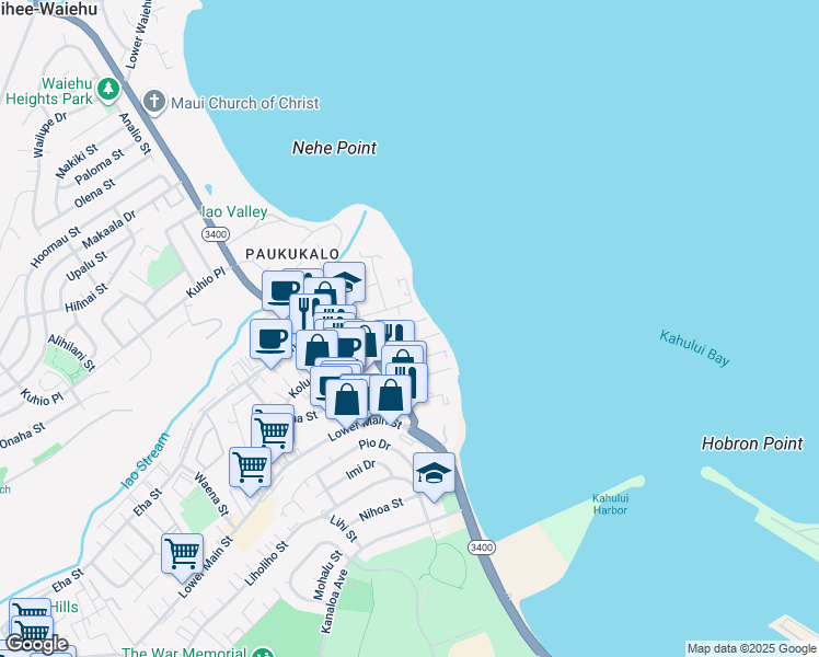 map of restaurants, bars, coffee shops, grocery stores, and more near 390 Kaiuli Street in Wailuku