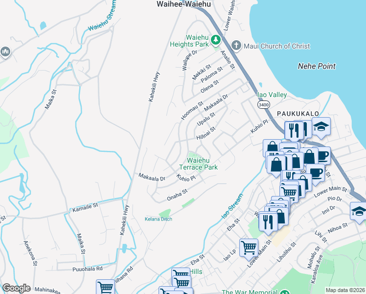 map of restaurants, bars, coffee shops, grocery stores, and more near 1023 Hoomau Street in Wailuku