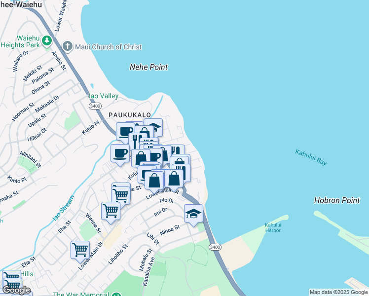 map of restaurants, bars, coffee shops, grocery stores, and more near 551 Kailana Street in Wailuku